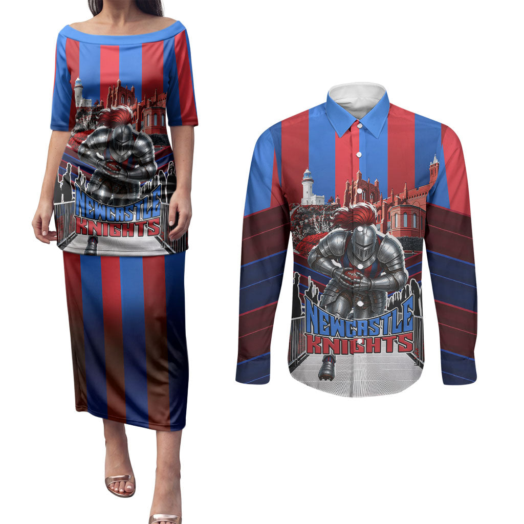 Personalised Newcastle Knights Rugby Couples Matching Puletasi and Long Sleeve Button Shirt Armored Knight Mascot City Landmark Graphic