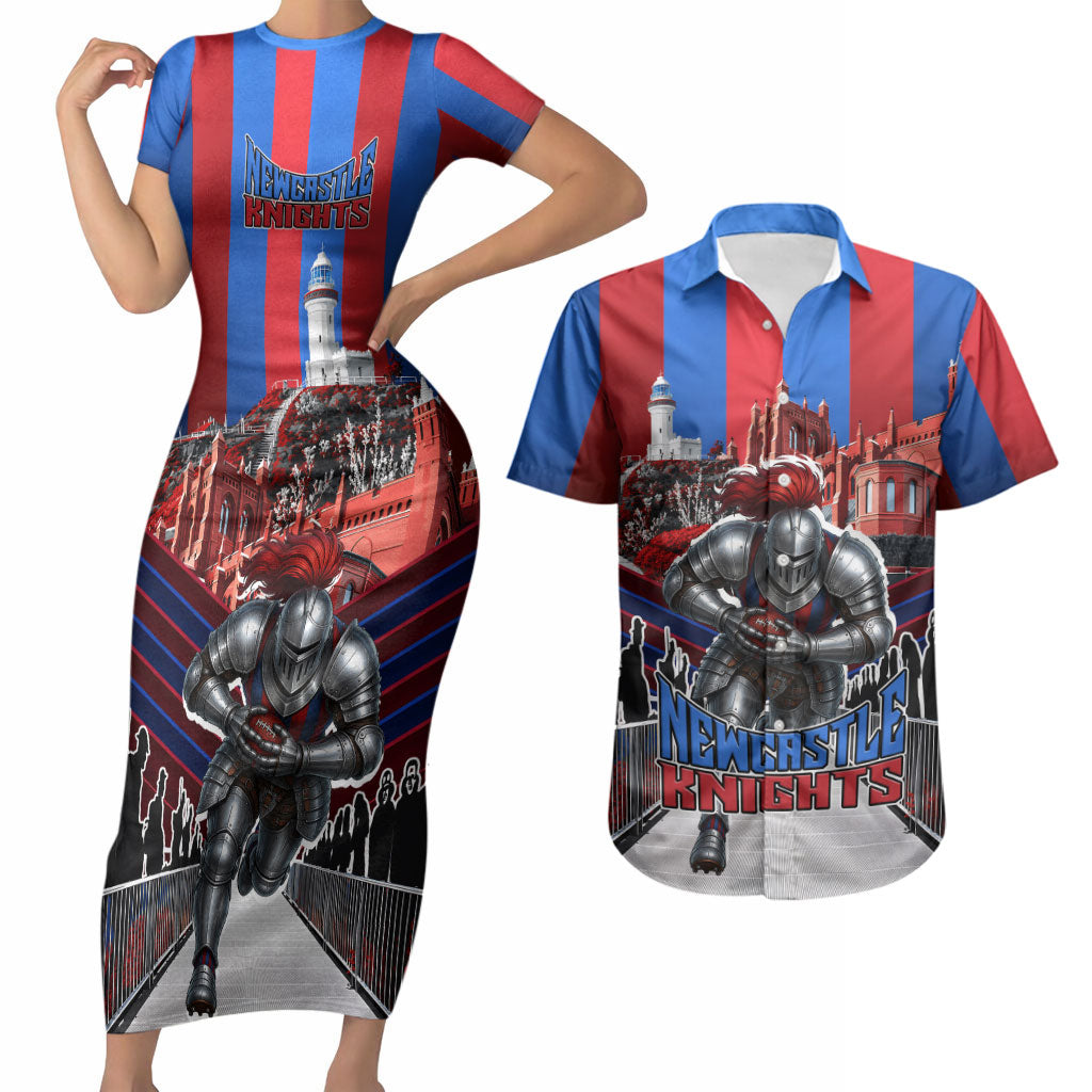 Personalised Newcastle Knights Rugby Couples Matching Short Sleeve Bodycon Dress and Hawaiian Shirt Armored Knight Mascot City Landmark Graphic