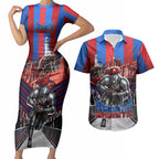 Personalised Newcastle Knights Rugby Couples Matching Short Sleeve Bodycon Dress and Hawaiian Shirt Armored Knight Mascot City Landmark Graphic