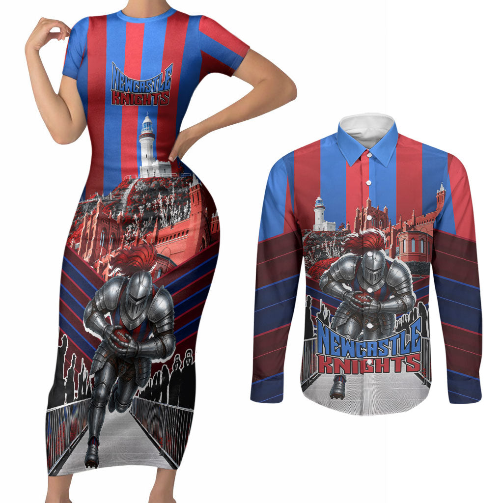 Personalised Newcastle Knights Rugby Couples Matching Short Sleeve Bodycon Dress and Long Sleeve Button Shirt Armored Knight Mascot City Landmark Graphic