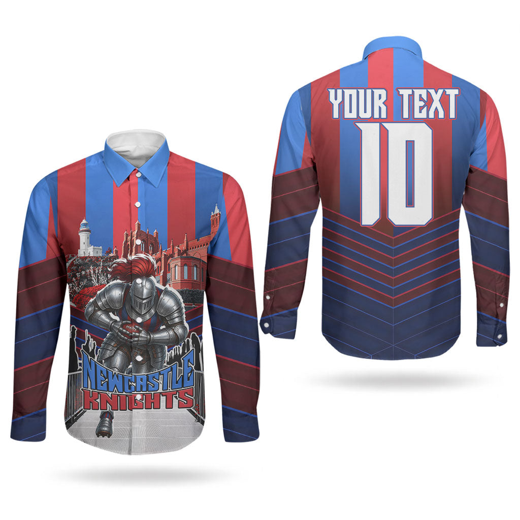 Personalised Newcastle Knights Rugby Couples Matching Short Sleeve Bodycon Dress and Long Sleeve Button Shirt Armored Knight Mascot City Landmark Graphic