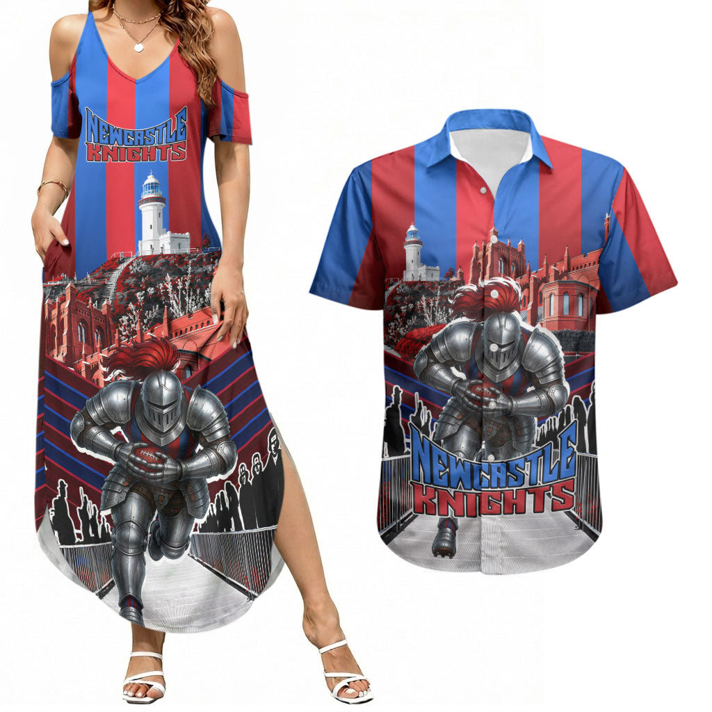 Personalised Newcastle Knights Rugby Couples Matching Summer Maxi Dress and Hawaiian Shirt Armored Knight Mascot City Landmark Graphic