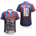 Personalised Newcastle Knights Rugby Couples Matching Summer Maxi Dress and Hawaiian Shirt Armored Knight Mascot City Landmark Graphic