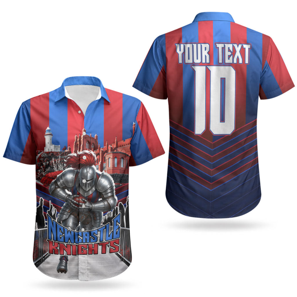 Personalised Newcastle Knights Rugby Couples Matching Summer Maxi Dress and Hawaiian Shirt Armored Knight Mascot City Landmark Graphic