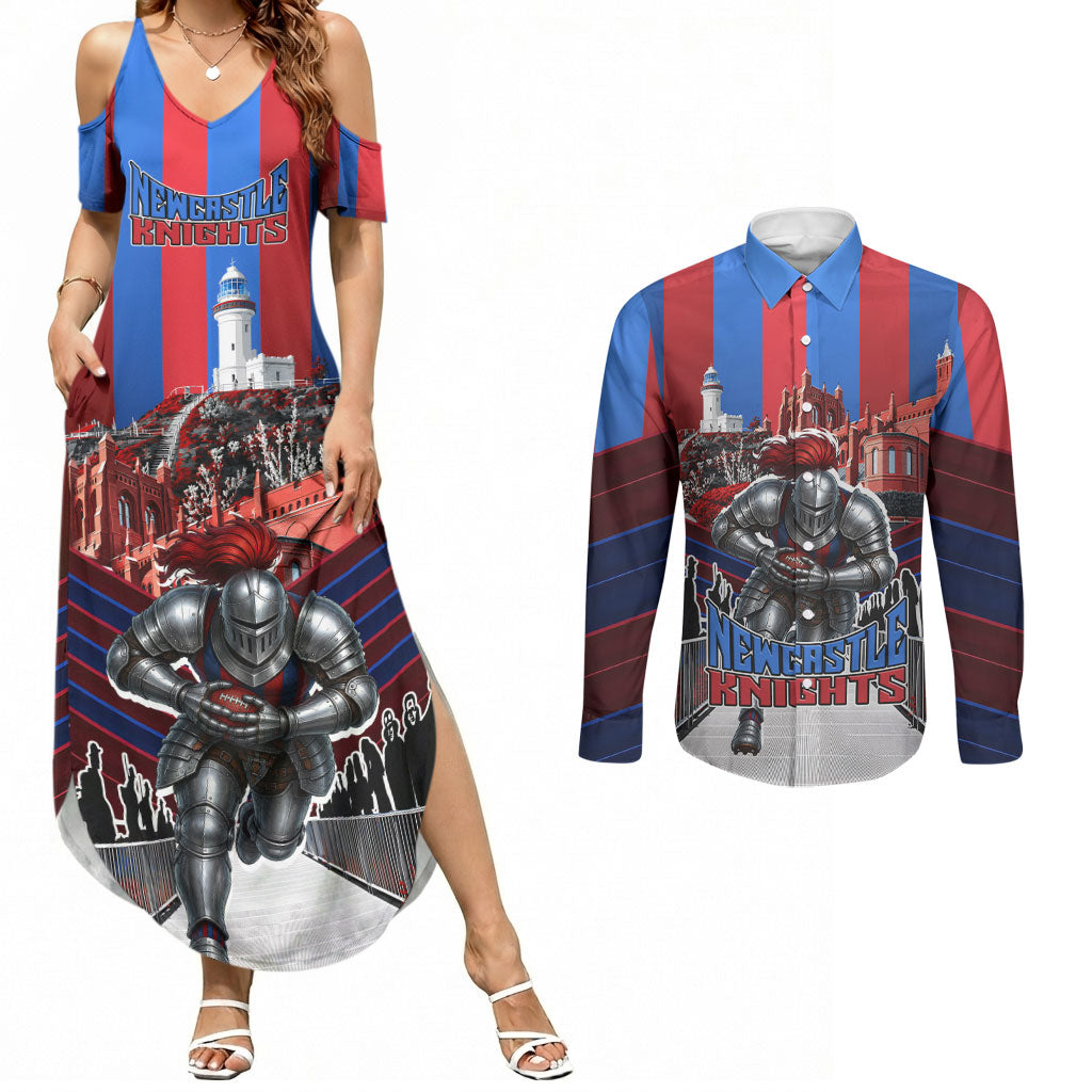 Personalised Newcastle Knights Rugby Couples Matching Summer Maxi Dress and Long Sleeve Button Shirt Armored Knight Mascot City Landmark Graphic