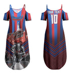 Personalised Newcastle Knights Rugby Couples Matching Summer Maxi Dress and Long Sleeve Button Shirt Armored Knight Mascot City Landmark Graphic