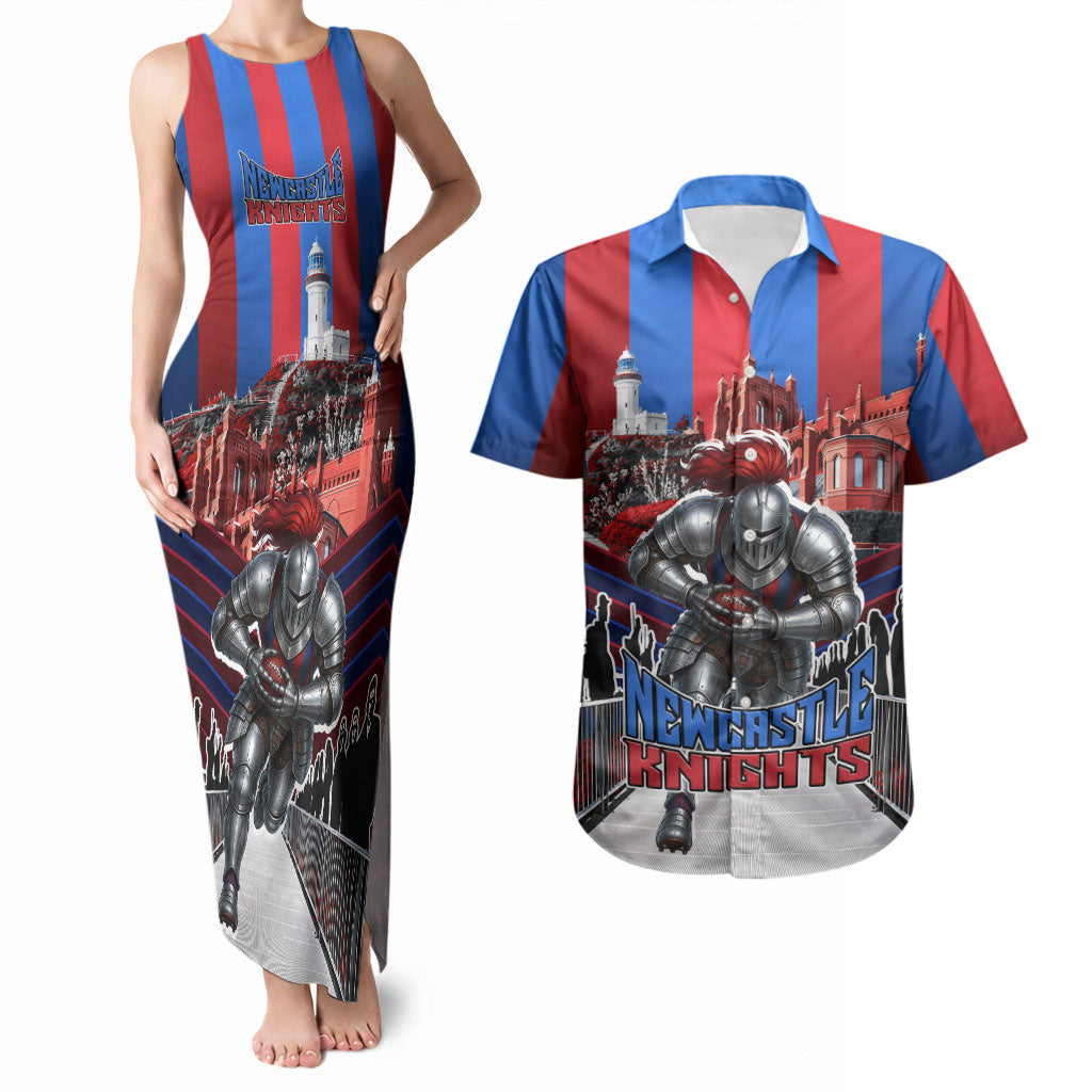 Personalised Newcastle Knights Rugby Couples Matching Tank Maxi Dress and Hawaiian Shirt Armored Knight Mascot City Landmark Graphic