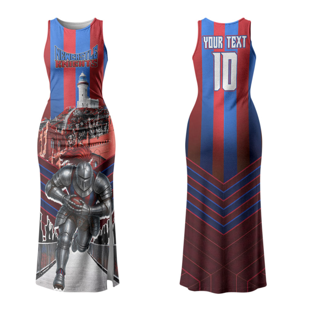 Personalised Newcastle Knights Rugby Couples Matching Tank Maxi Dress and Hawaiian Shirt Armored Knight Mascot City Landmark Graphic