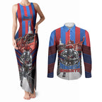 Personalised Newcastle Knights Rugby Couples Matching Tank Maxi Dress and Long Sleeve Button Shirt Armored Knight Mascot City Landmark Graphic