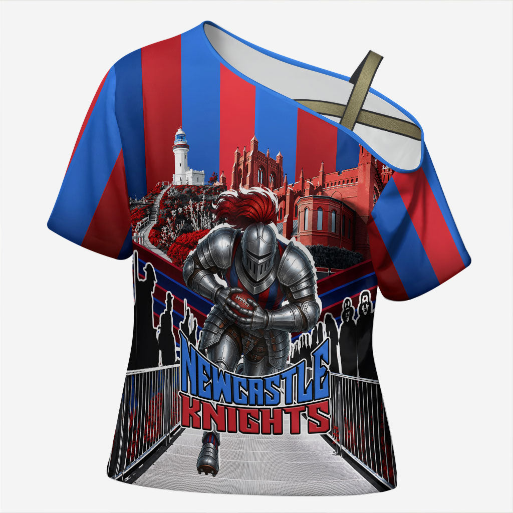 Personalised Newcastle Knights Rugby Cross Shoulder Shirt Armored Knight Mascot City Landmark Graphic
