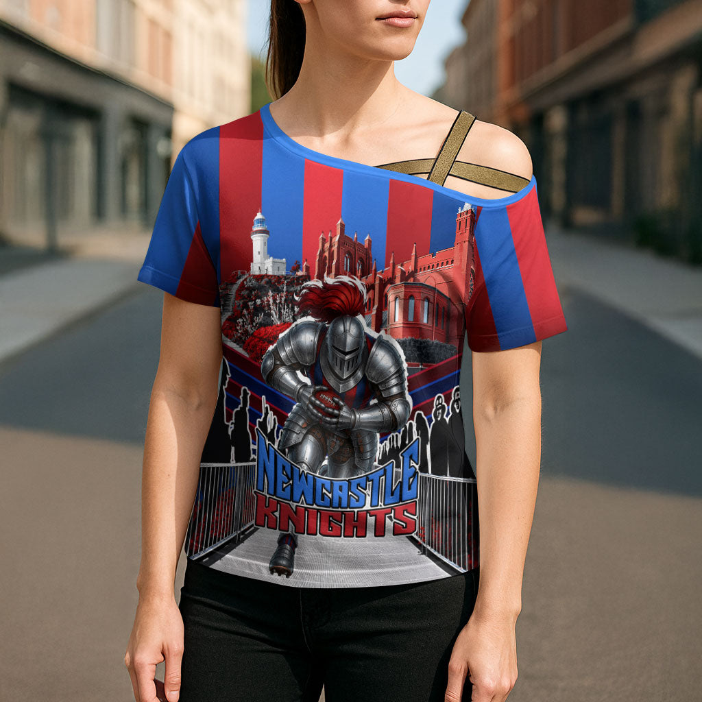 Personalised Newcastle Knights Rugby Cross Shoulder Shirt Armored Knight Mascot City Landmark Graphic