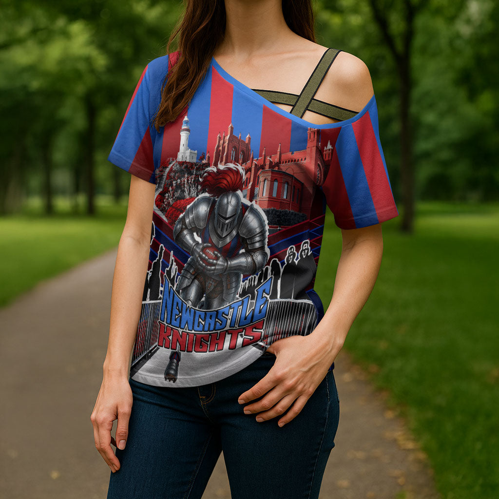 Personalised Newcastle Knights Rugby Cross Shoulder Shirt Armored Knight Mascot City Landmark Graphic