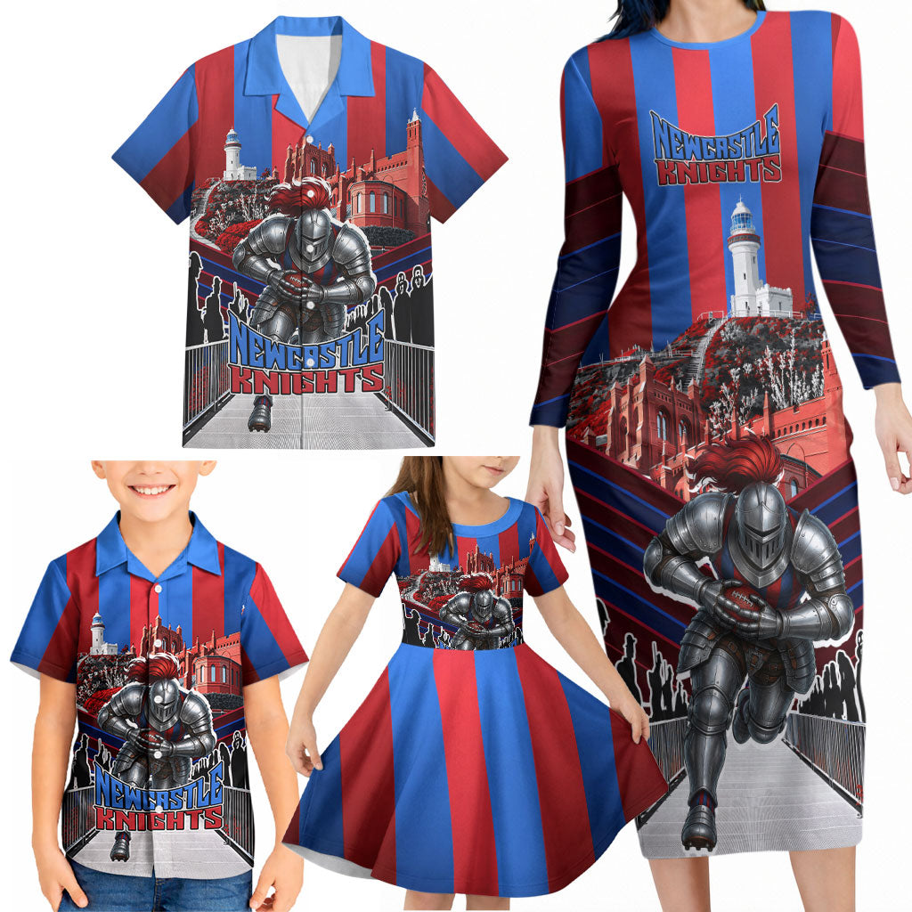 Personalised Newcastle Knights Rugby Family Matching Long Sleeve Bodycon Dress and Hawaiian Shirt Armored Knight Mascot City Landmark Graphic