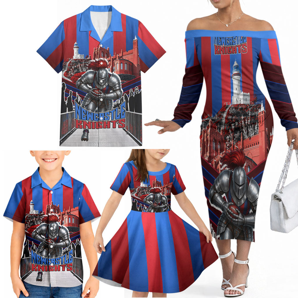 Personalised Newcastle Knights Rugby Family Matching Off The Shoulder Long Sleeve Dress and Hawaiian Shirt Armored Knight Mascot City Landmark Graphic