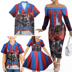 Personalised Newcastle Knights Rugby Family Matching Off The Shoulder Long Sleeve Dress and Hawaiian Shirt Armored Knight Mascot City Landmark Graphic