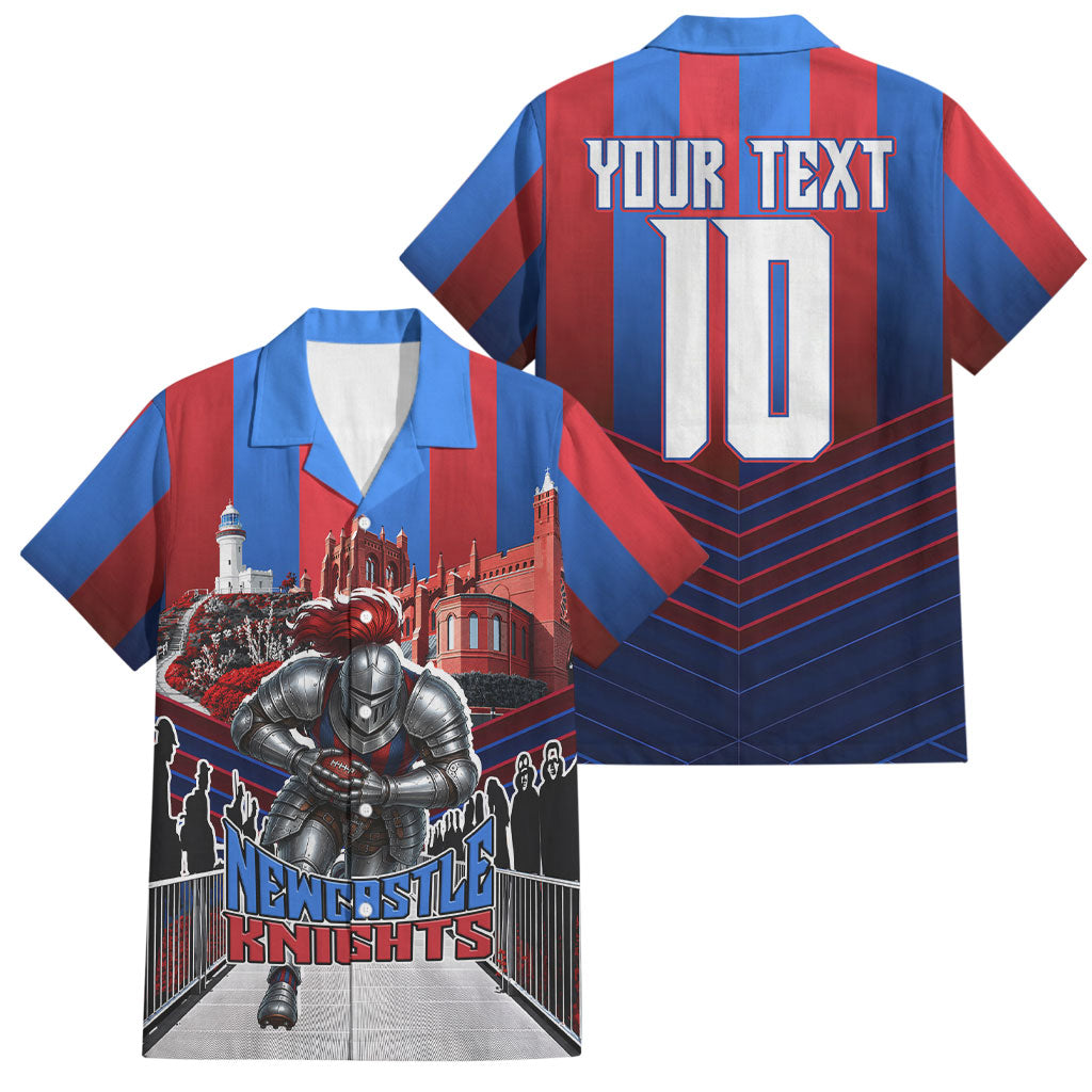 Personalised Newcastle Knights Rugby Family Matching Off The Shoulder Long Sleeve Dress and Hawaiian Shirt Armored Knight Mascot City Landmark Graphic