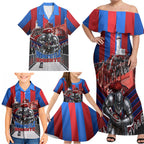 Personalised Newcastle Knights Rugby Family Matching Off Shoulder Maxi Dress and Hawaiian Shirt Armored Knight Mascot City Landmark Graphic