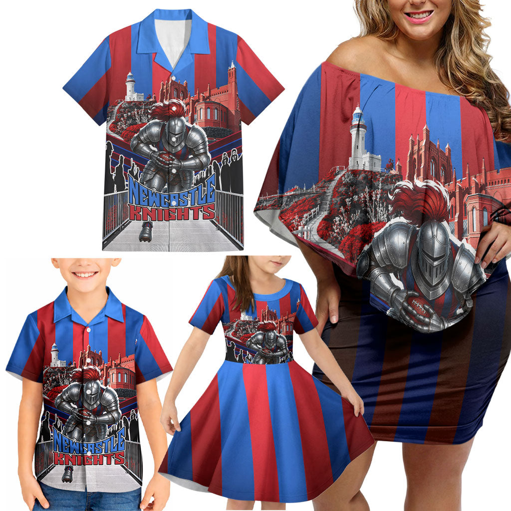 Personalised Newcastle Knights Rugby Family Matching Off Shoulder Short Dress and Hawaiian Shirt Armored Knight Mascot City Landmark Graphic