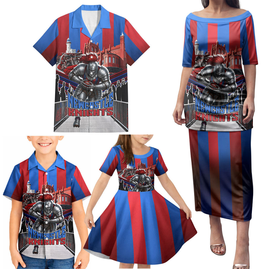Personalised Newcastle Knights Rugby Family Matching Puletasi and Hawaiian Shirt Armored Knight Mascot City Landmark Graphic