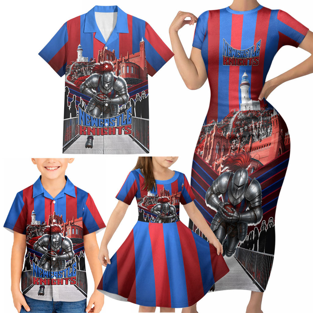 Personalised Newcastle Knights Rugby Family Matching Short Sleeve Bodycon Dress and Hawaiian Shirt Armored Knight Mascot City Landmark Graphic
