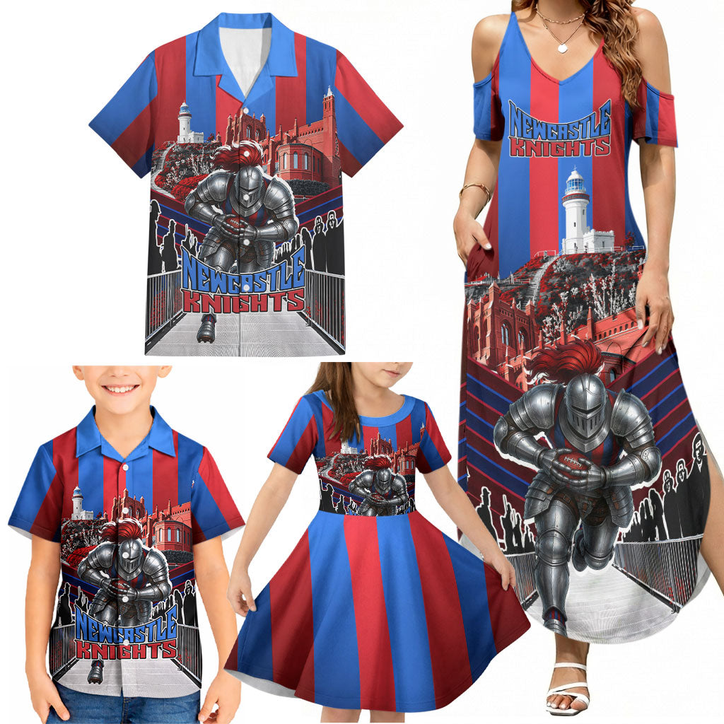 Personalised Newcastle Knights Rugby Family Matching Summer Maxi Dress and Hawaiian Shirt Armored Knight Mascot City Landmark Graphic
