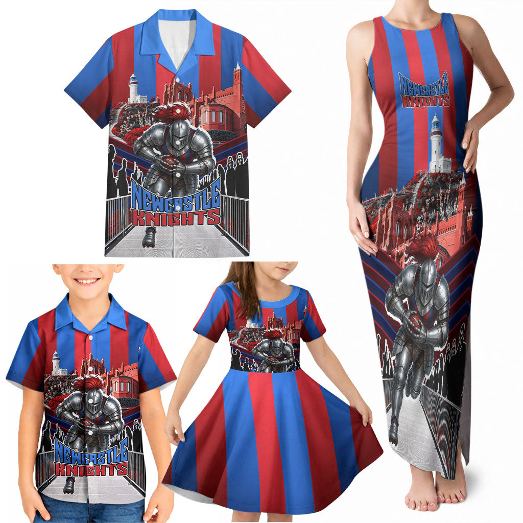 Personalised Newcastle Knights Rugby Family Matching Tank Maxi Dress and Hawaiian Shirt Armored Knight Mascot City Landmark Graphic