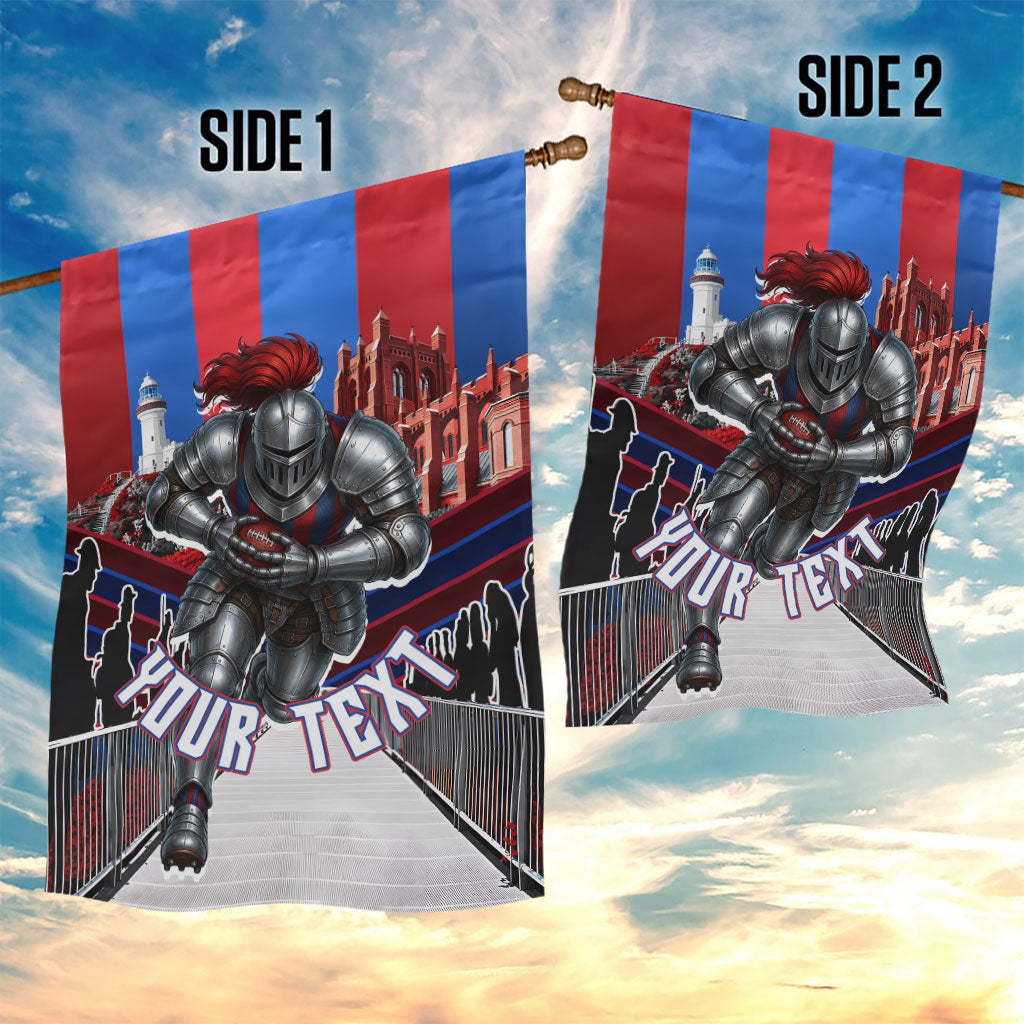 Personalised Newcastle Knights Rugby Garden Flag Armored Knight Mascot City Landmark Graphic