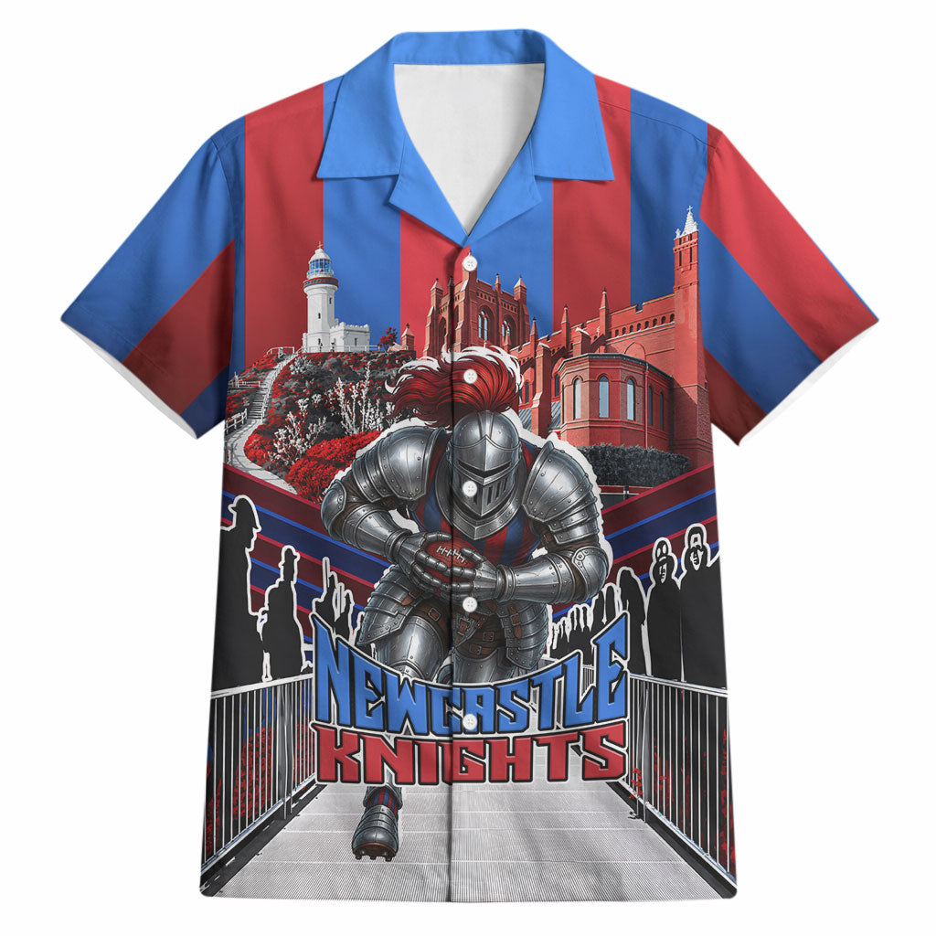 Personalised Newcastle Knights Rugby Hawaiian Shirt Armored Knight Mascot City Landmark Graphic