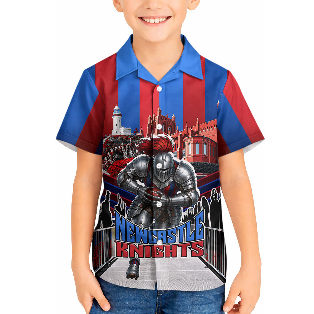 Personalised Newcastle Knights Rugby Hawaiian Shirt Armored Knight Mascot City Landmark Graphic