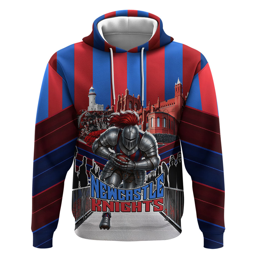 Personalised Newcastle Knights Rugby Hoodie Armored Knight Mascot City Landmark Graphic
