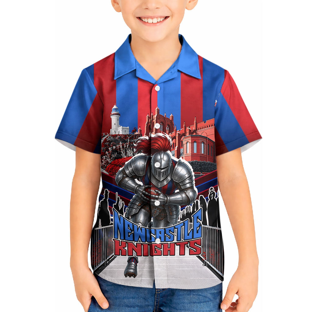 Personalised Newcastle Knights Rugby Kid Hawaiian Shirt Armored Knight Mascot City Landmark Graphic