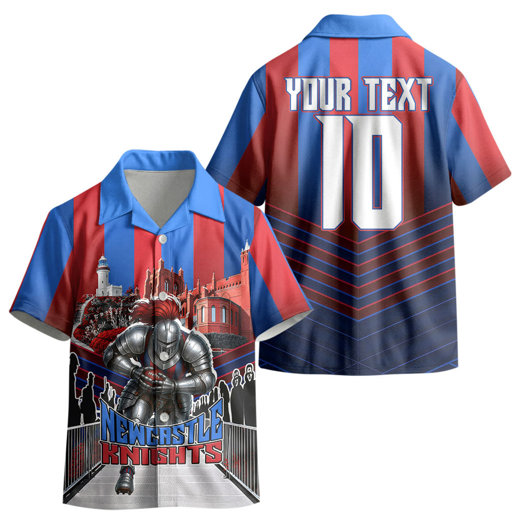 Personalised Newcastle Knights Rugby Kid Hawaiian Shirt Armored Knight Mascot City Landmark Graphic