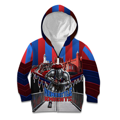 Personalised Newcastle Knights Rugby Kid Hoodie Armored Knight Mascot City Landmark Graphic