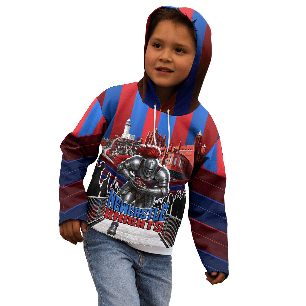 Personalised Newcastle Knights Rugby Kid Hoodie Armored Knight Mascot City Landmark Graphic