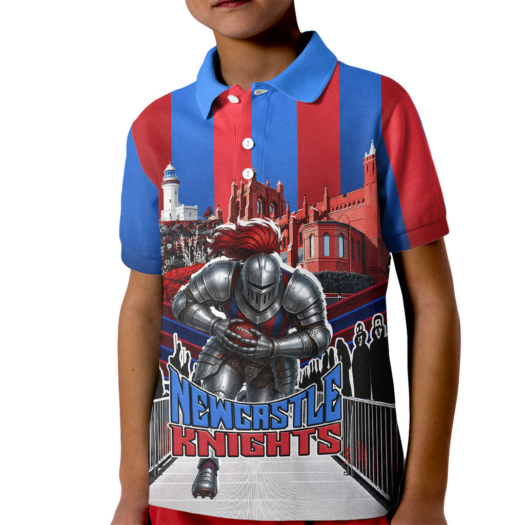 Personalised Newcastle Knights Rugby Kid Polo Shirt Armored Knight Mascot City Landmark Graphic