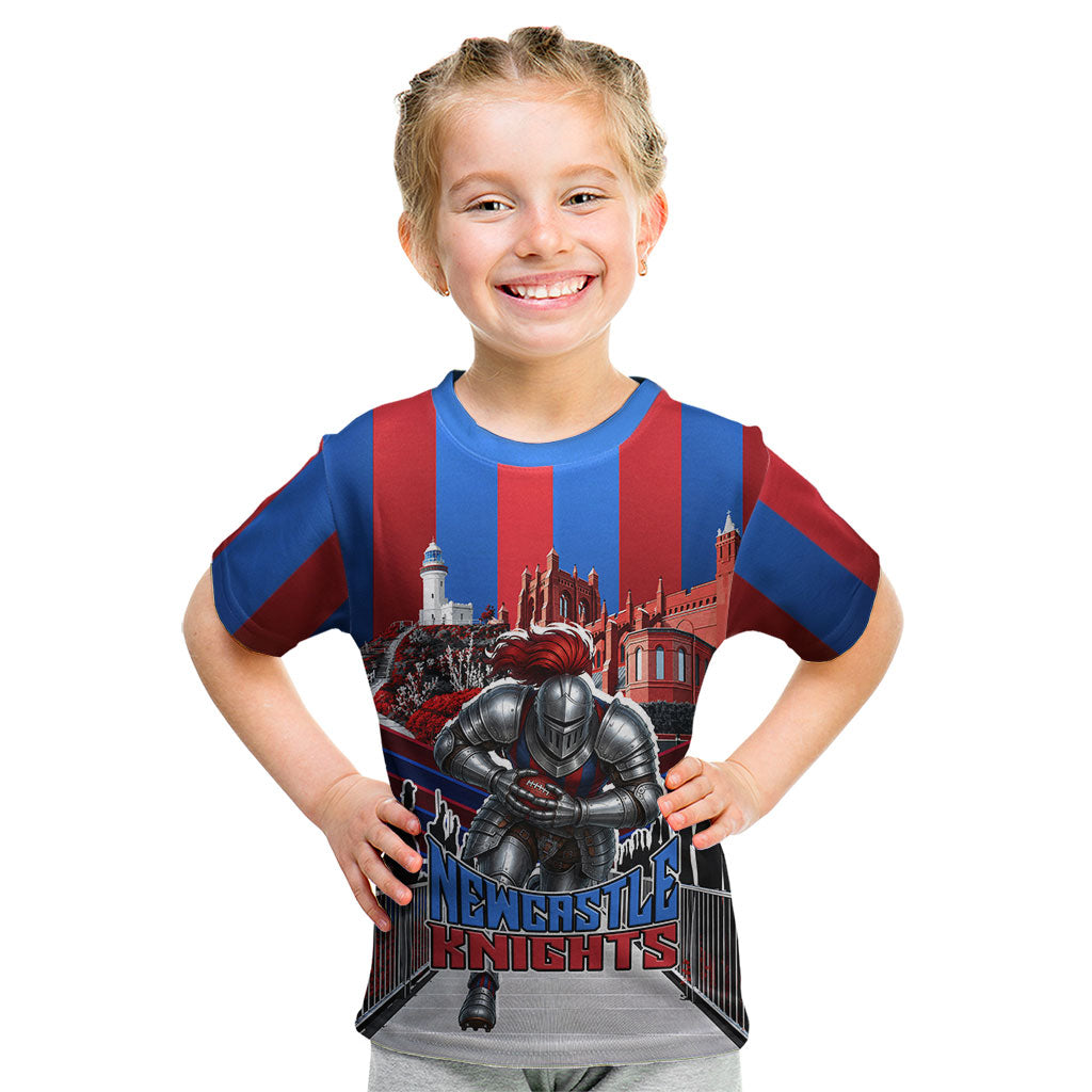 Personalised Newcastle Knights Rugby Kid T Shirt Armored Knight Mascot City Landmark Graphic