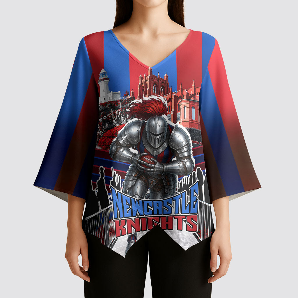 Personalised Newcastle Knights Rugby Kimono Sleeve Blouse Armored Knight Mascot City Landmark Graphic