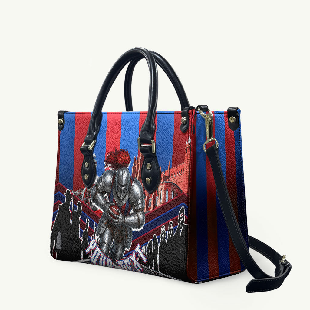 Personalised Newcastle Knights Rugby Leather Bag Armored Knight Mascot City Landmark Graphic