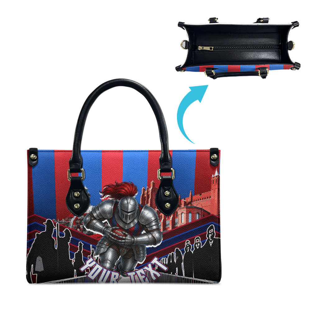Personalised Newcastle Knights Rugby Leather Bag Armored Knight Mascot City Landmark Graphic