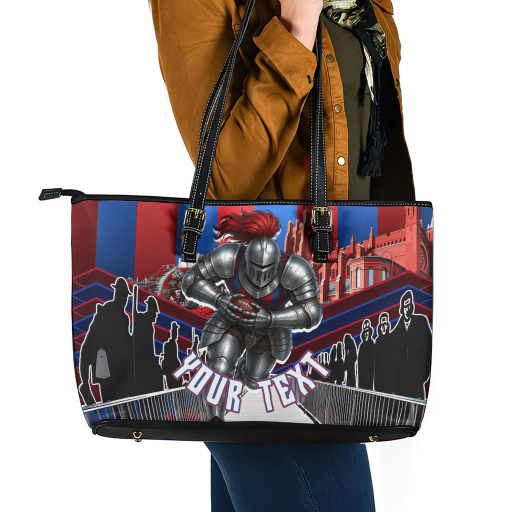 Personalised Newcastle Knights Rugby Leather Tote Bag Armored Knight Mascot City Landmark Graphic