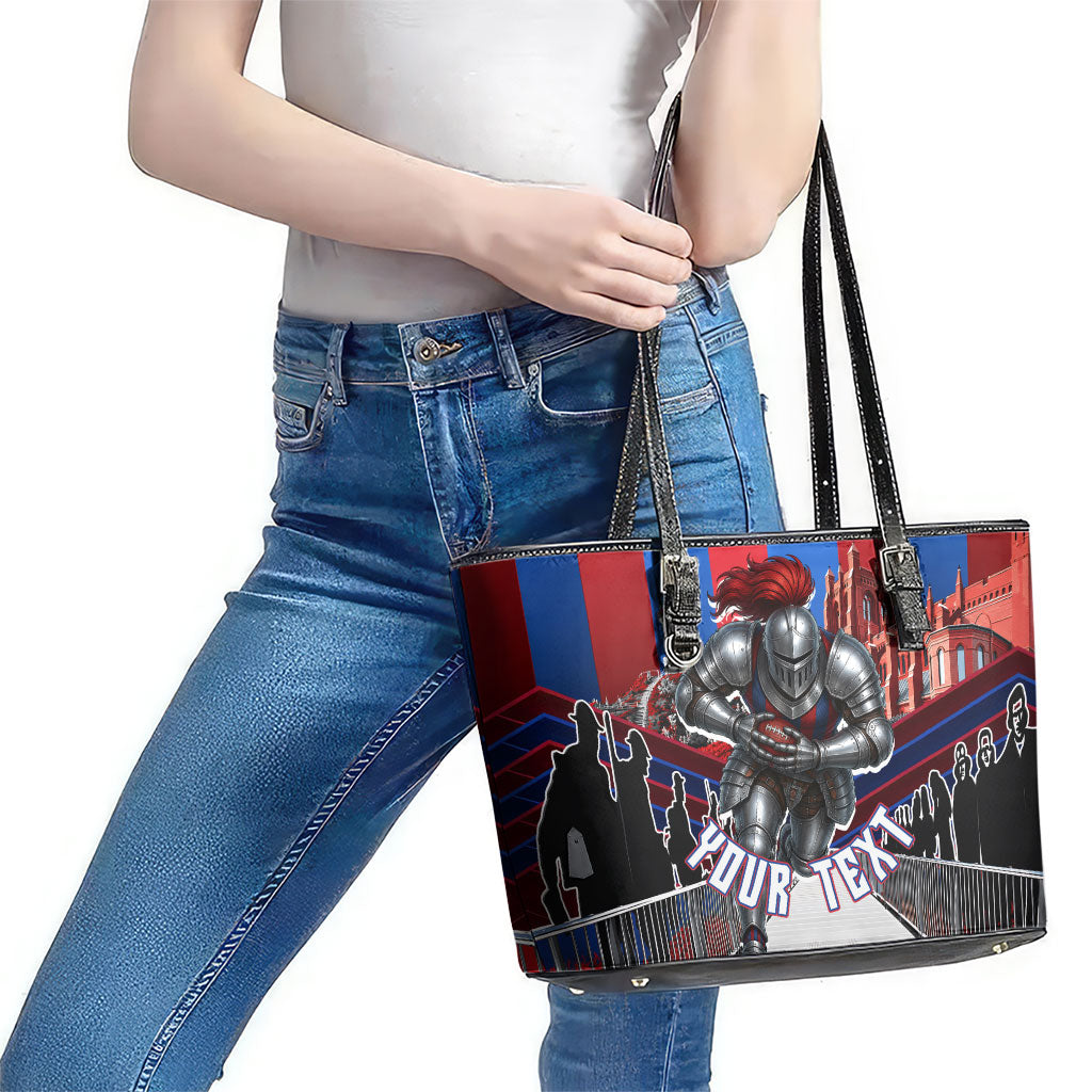 Personalised Newcastle Knights Rugby Leather Tote Bag Armored Knight Mascot City Landmark Graphic
