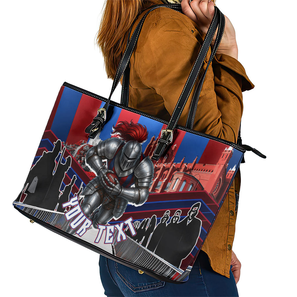 Personalised Newcastle Knights Rugby Leather Tote Bag Armored Knight Mascot City Landmark Graphic