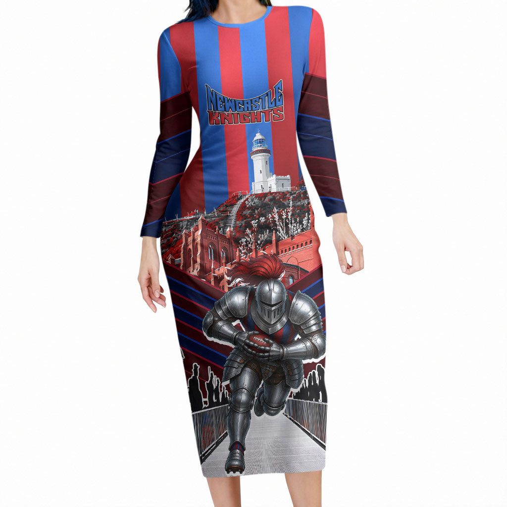 Personalised Newcastle Knights Rugby Long Sleeve Bodycon Dress Armored Knight Mascot City Landmark Graphic