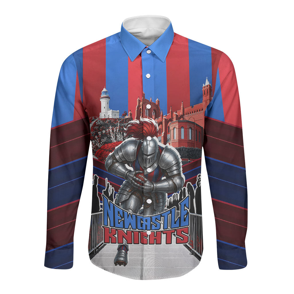 Personalised Newcastle Knights Rugby Long Sleeve Button Shirt Armored Knight Mascot City Landmark Graphic