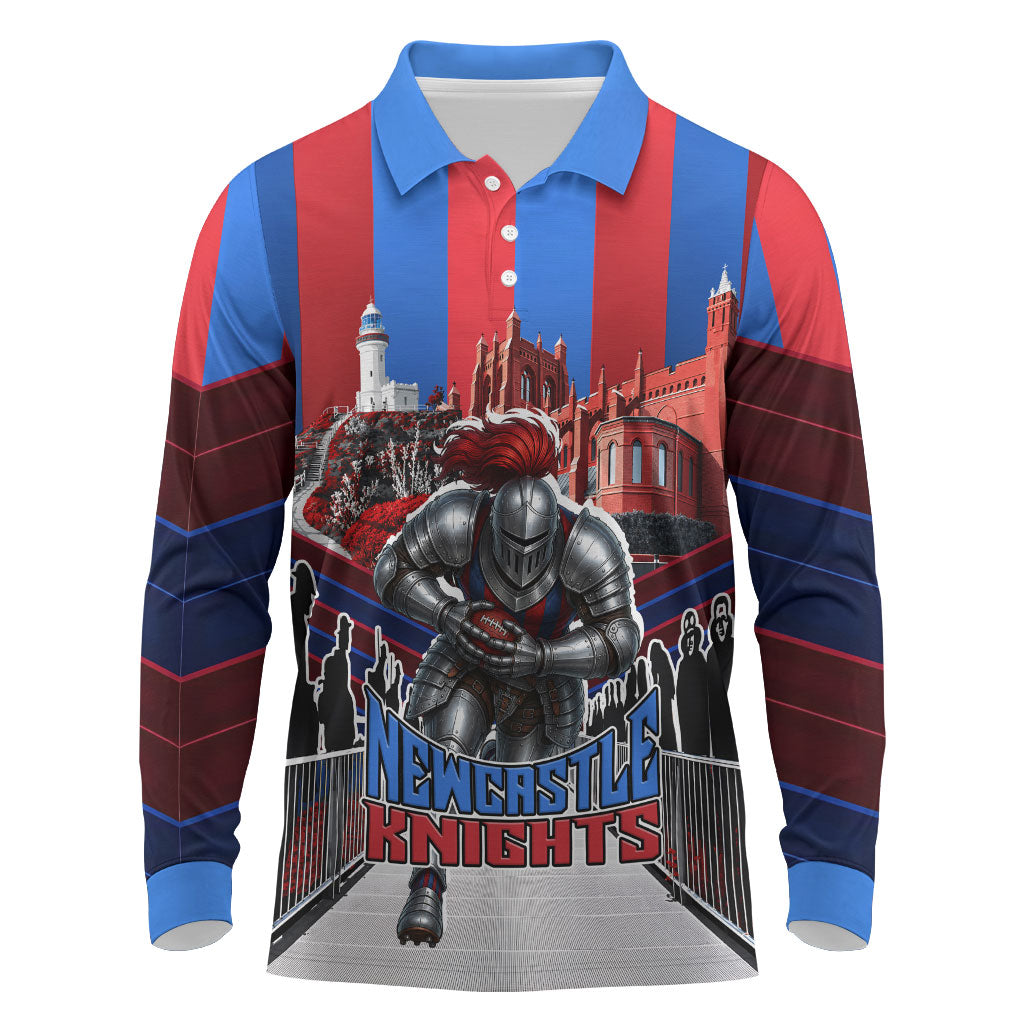 Personalised Newcastle Knights Rugby Long Sleeve Polo Shirt Armored Knight Mascot City Landmark Graphic