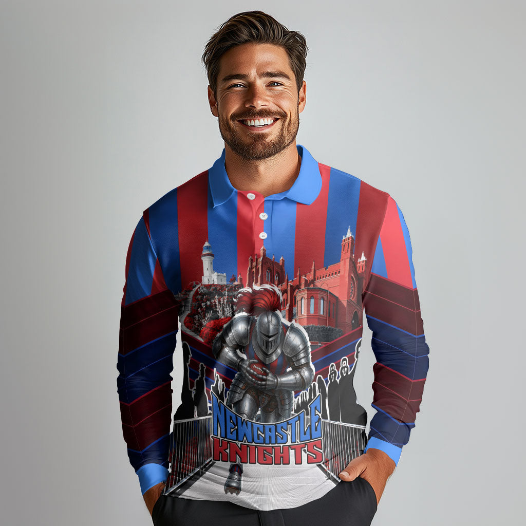 Personalised Newcastle Knights Rugby Long Sleeve Polo Shirt Armored Knight Mascot City Landmark Graphic