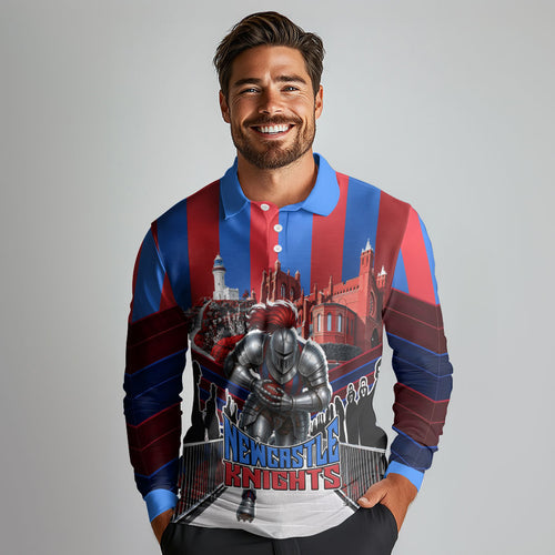 Personalised Newcastle Knights Rugby Long Sleeve Polo Shirt Armored Knight Mascot City Landmark Graphic