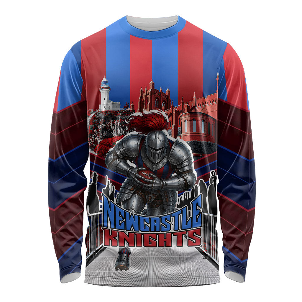 Personalised Newcastle Knights Rugby Long Sleeve Shirt Armored Knight Mascot City Landmark Graphic