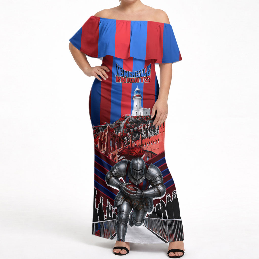 Personalised Newcastle Knights Rugby Off Shoulder Maxi Dress Armored Knight Mascot City Landmark Graphic
