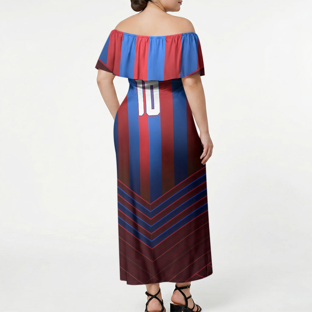 Personalised Newcastle Knights Rugby Off Shoulder Maxi Dress Armored Knight Mascot City Landmark Graphic
